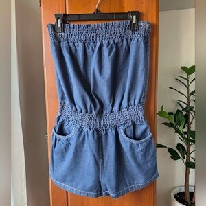 Paper Tee Vintage 100% Cotton Blue Strapless Denim Romper with Smocked Waist